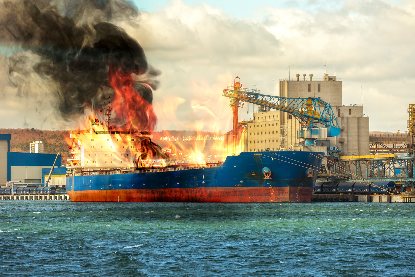 a cargo ship on fire
